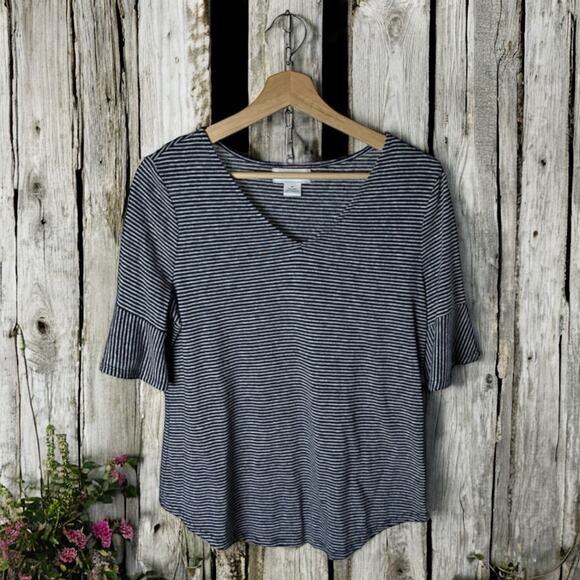 3/$20 Liz Claiborne Women's Medium Linen Blend Blue & White Striped Blouse - Picture 1 of 8